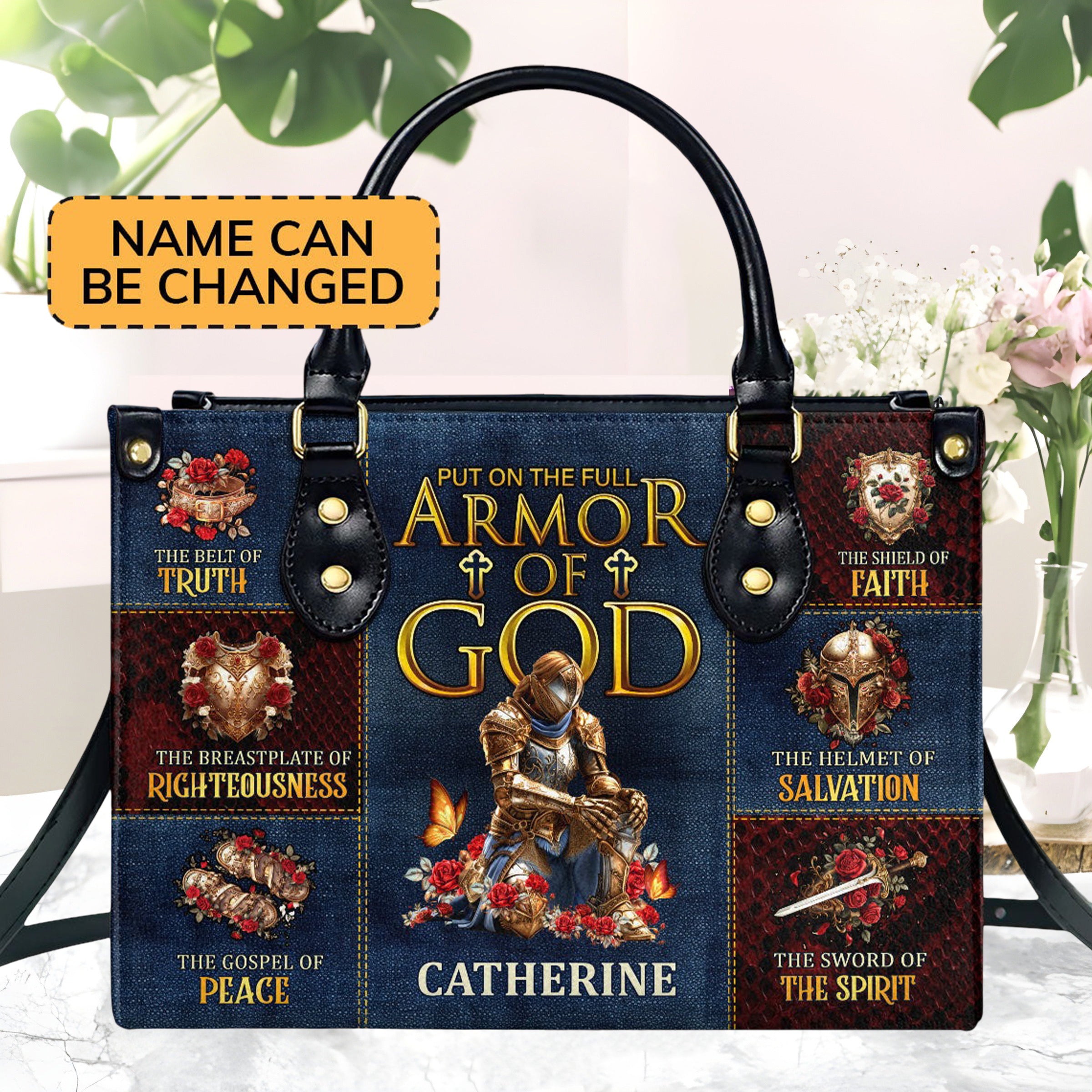 Personalized Christian Leather Handbag, Armor of God Purse Ephesians 6:10-18 with Full Armor Design, Religious Gift for Women BLAF35